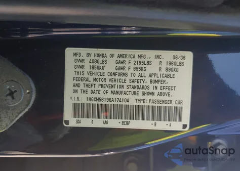 2006 Honda Accord 2.4 Vp из США, поврежденный, VIN 1HGCM56196A174104